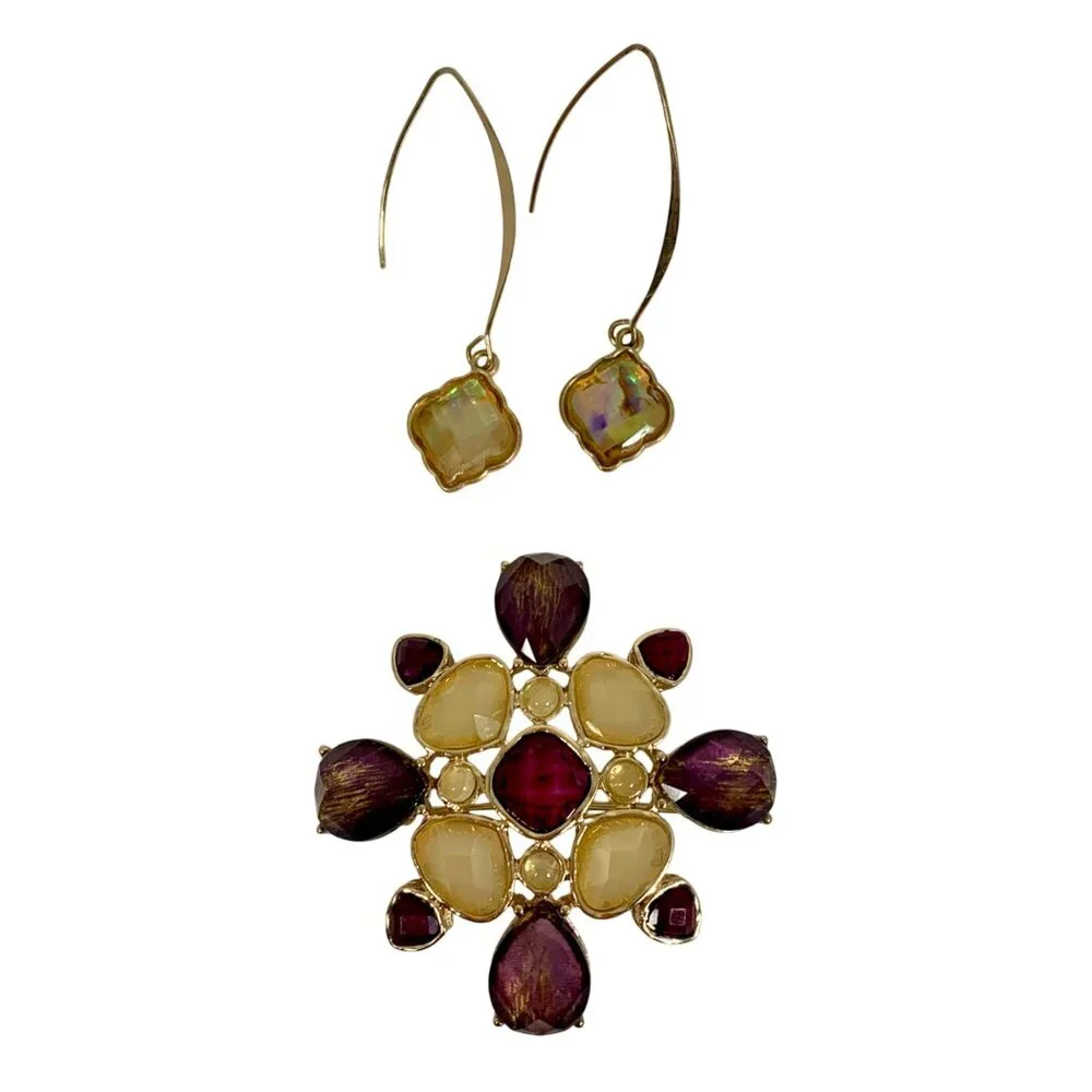 Vintage-Inspired Gold & Gemstone Costume Jewelry Pin Brooch w/ Matching Earrings